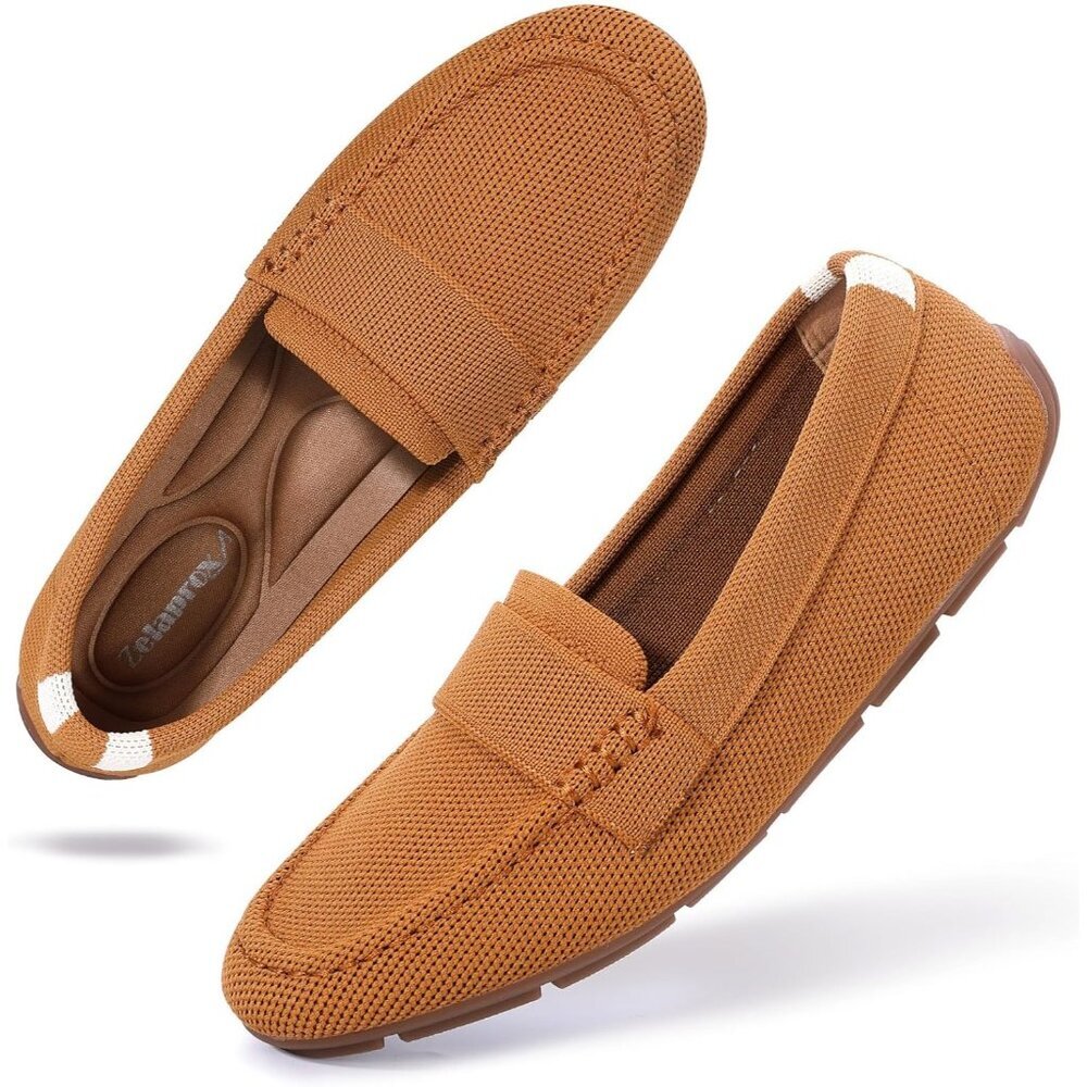 Zelaprox Women Brown Mesh Slip on Comfortable Foam Loafer Shoes Flat Shoes